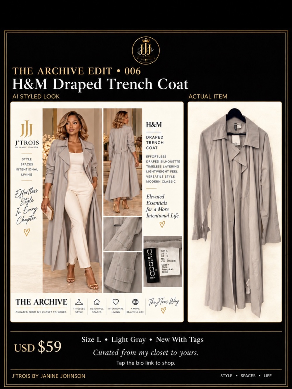 H&M Light Gray Draped Trench Coat